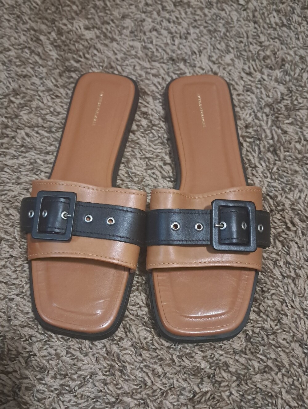 Anthropologie Womens Tan-Black Square Toe  Slide Sandals Buckle Accent Sz. 9